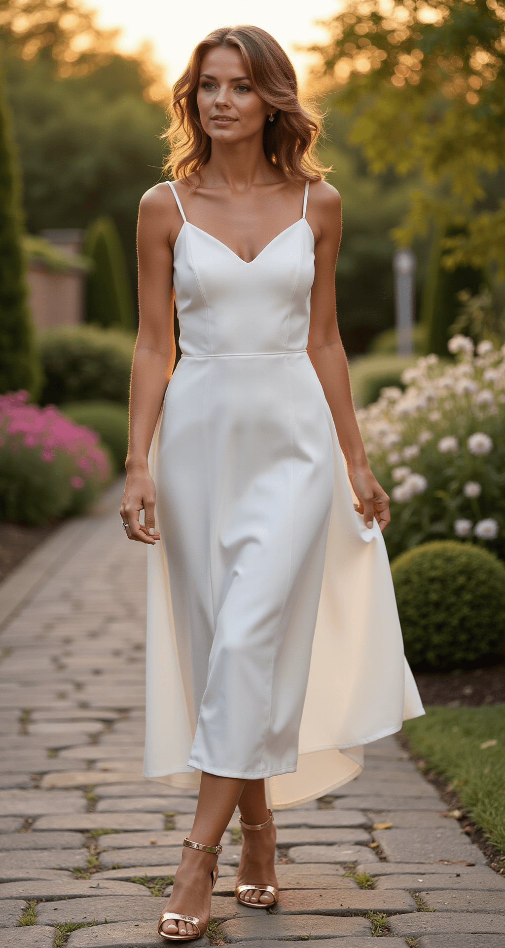 Bride in a modern slip dress and metallic rose gold block heel sandals walking gracefully on vintage cobblestones in a golden hour garden setting, surrounded by lush greenery and blooming flowers, captured in warm evening light.