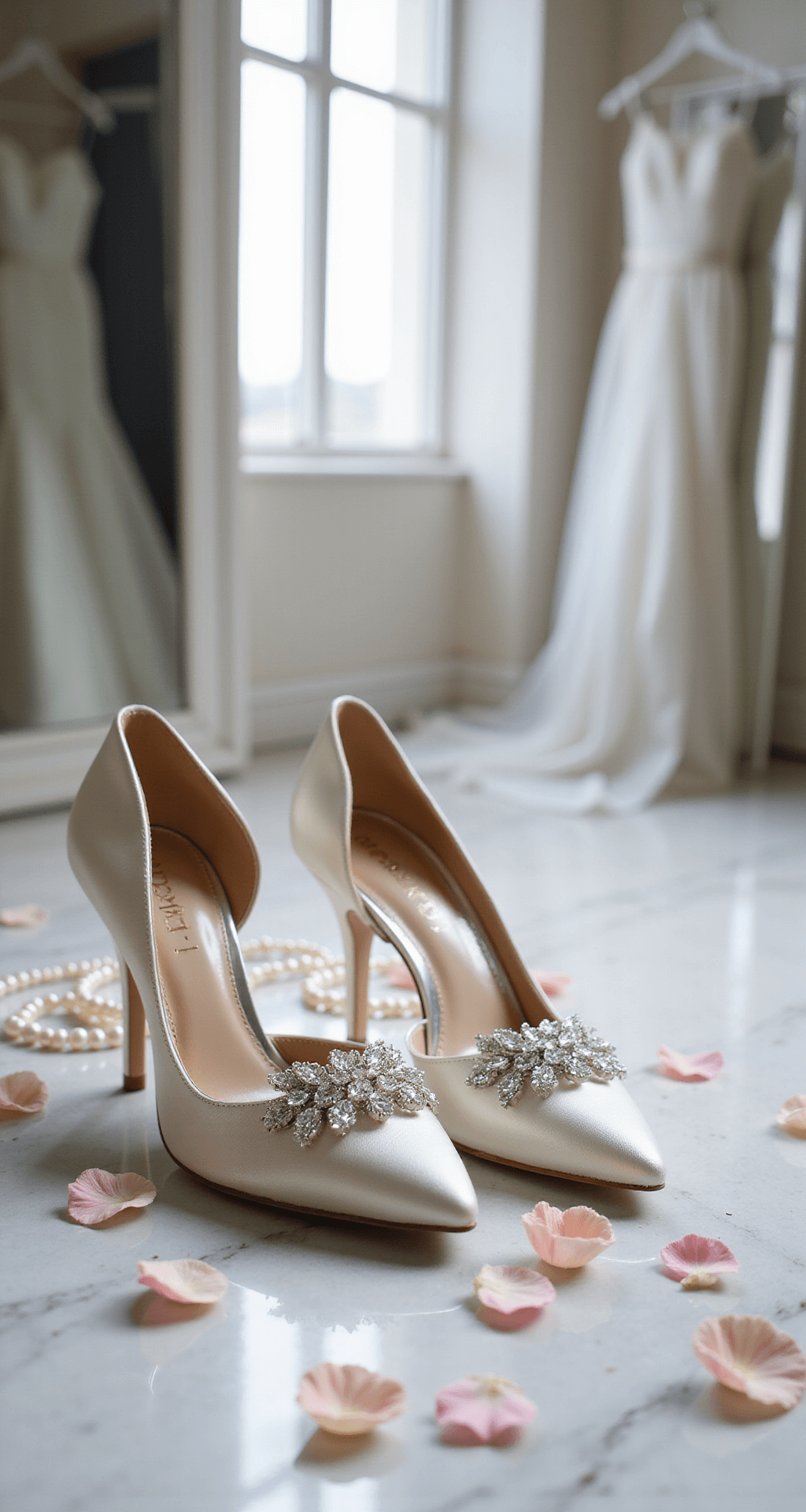Close-up of elegant ivory silk kitten heel slingbacks with crystal embellishments, arranged amidst rose petals and a vintage pearl necklace on marble flooring, with a wedding veil in the background and soft natural light creating gentle shadows.