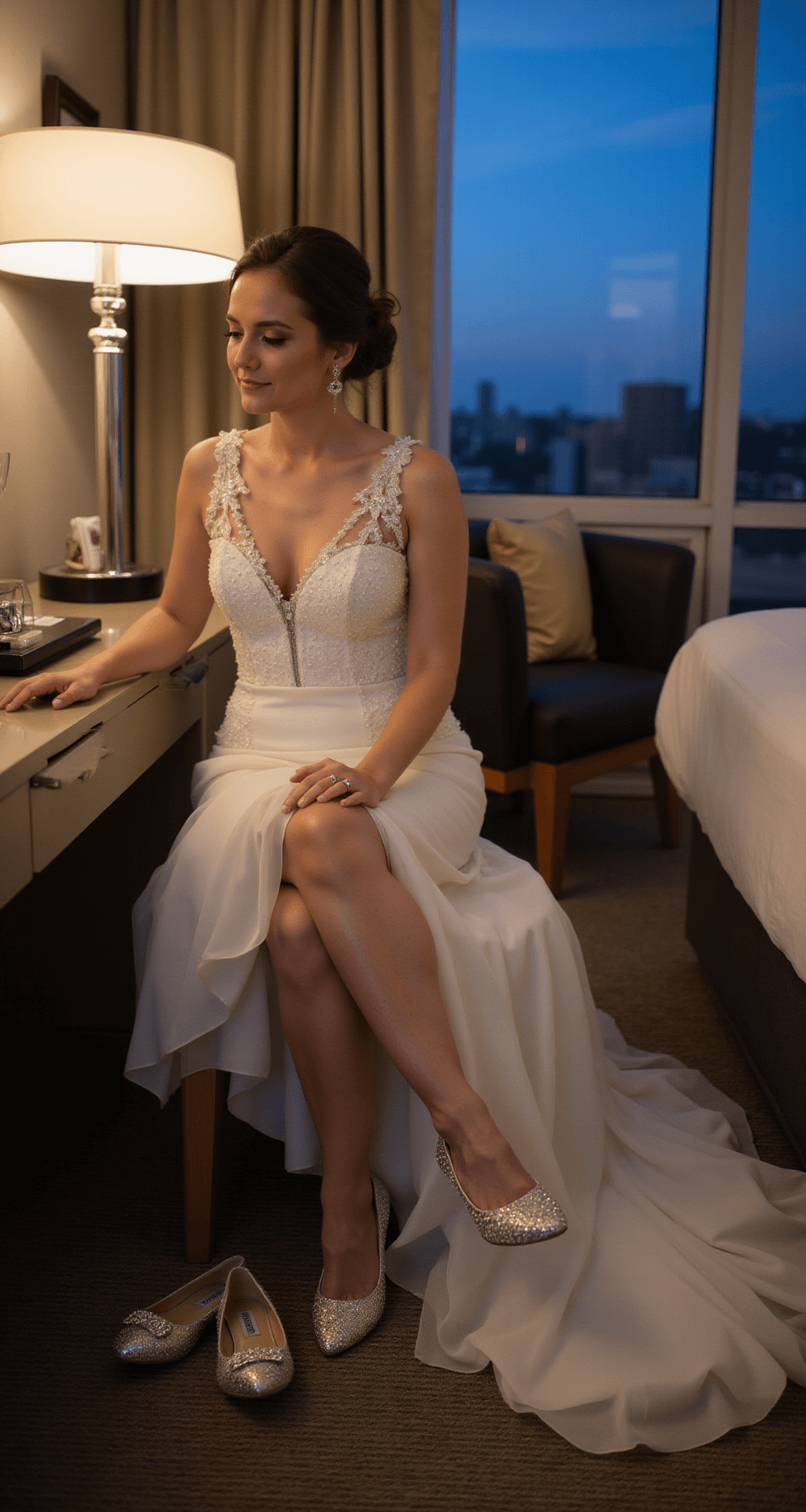 A bride in wedding attire sits at a modern vanity in a contemporary hotel room at twilight, changing from crystal-embellished heels to pearl-detailed ballet flats. Warm lamp light blends with the blue hour glow from the window, creating an intimate atmosphere.