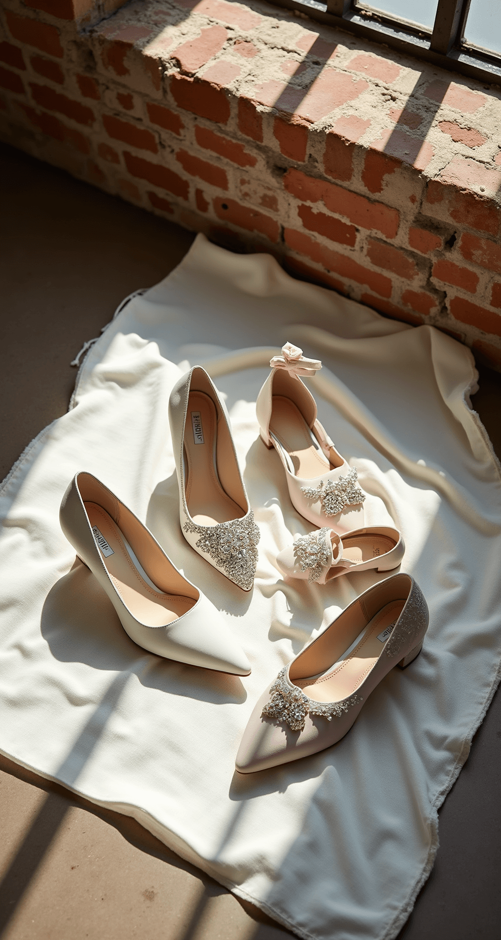 Flat lay of various Bella Belle wedding shoes on vintage French linen in an industrial-chic loft with exposed brick walls, featuring ivory and blush high heels and low heels, illuminated by natural light from an overhead skylight.