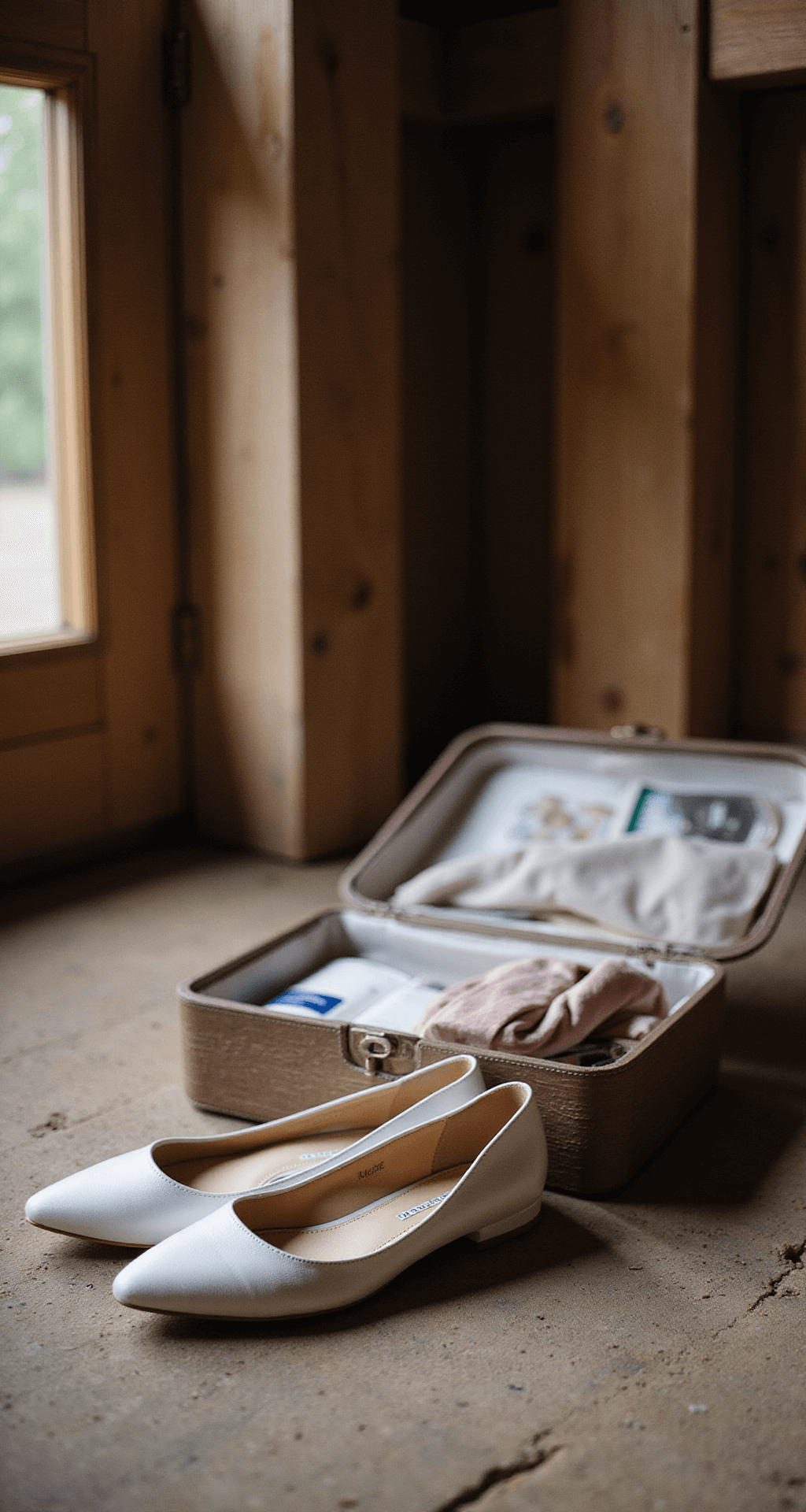 A rustic barn venue preparation area featuring a bride's emergency kit with backup wedding flats alongside main heels, showcasing a height difference. Soft morning light filters through barn windows, highlighting natural wood textures and delicate shoe details.