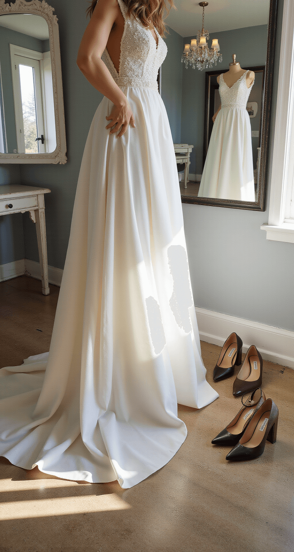 A bride with flowing hair tries on block-heeled pumps in a contemporary bridal dress fitting room, surrounded by mirrors and elegant decor, with multiple shoe styles displayed nearby, all illuminated by soft, natural light.