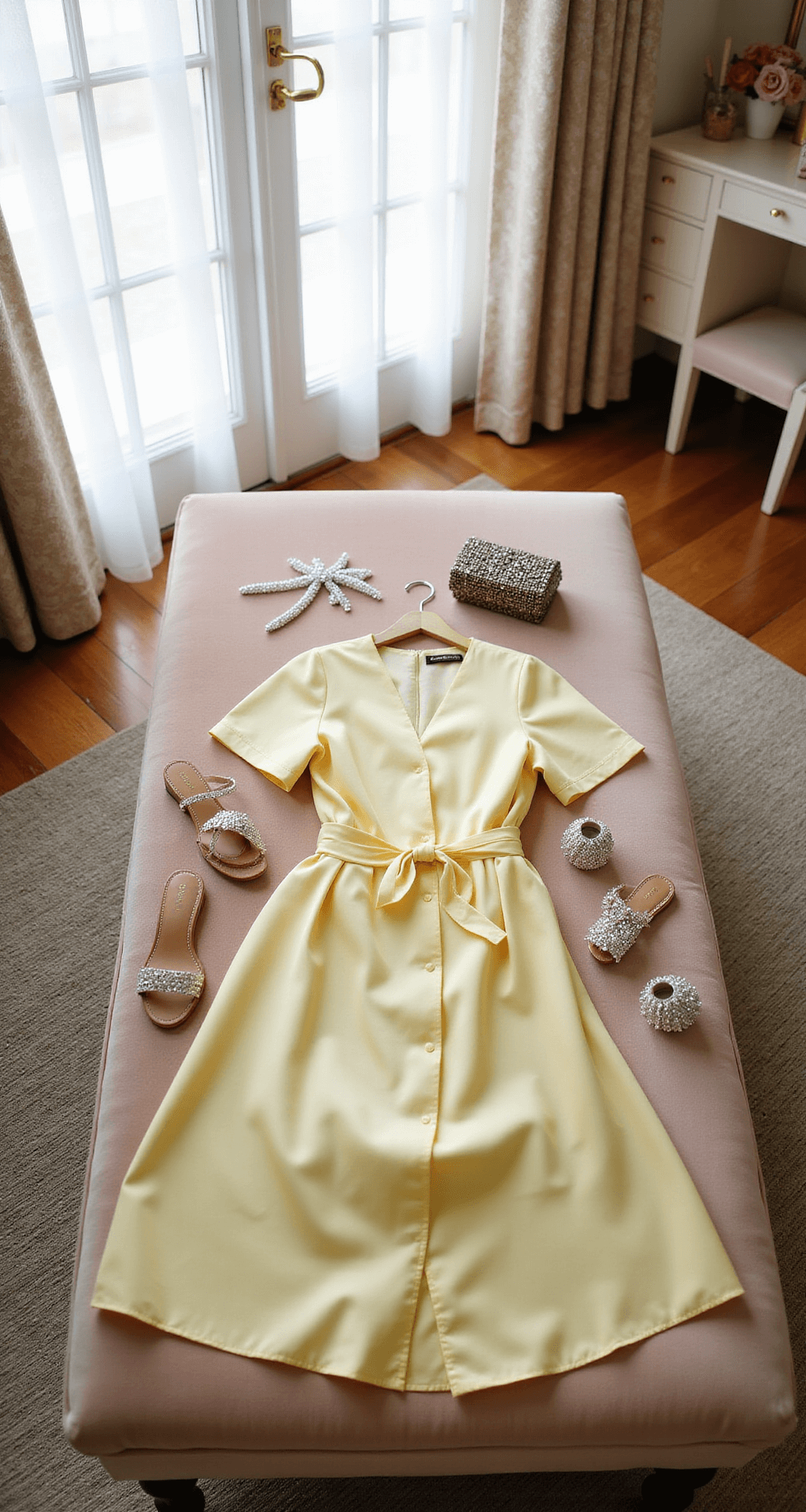 Bright and airy dressing room with vintage-inspired decor, showcasing a pale yellow silk charmeuse wrap dress on a plush velvet ottoman, surrounded by crystal hairpins, metallic strappy sandals, and a beaded clutch, all illuminated by natural light.