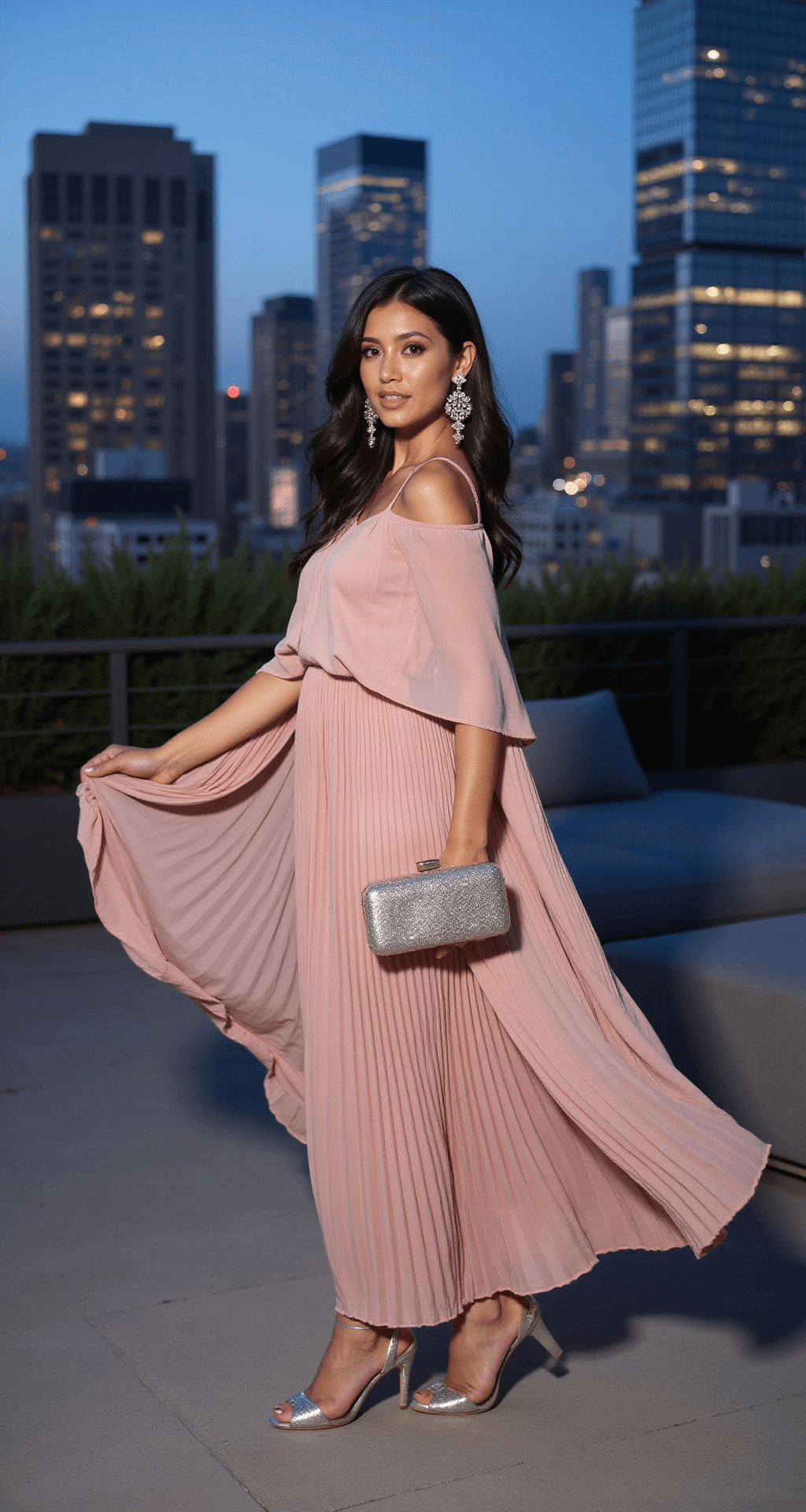 A model in a blush pink pleated maxi dress with a cape-style overlay poses on a modern rooftop terrace during blue hour, with the city skyline in the background. Her outfit is complemented by statement chandelier earrings, a metallic box clutch, and silver stilettos, with dramatic lighting highlighting the flowing movement of the dress caught in the evening breeze.