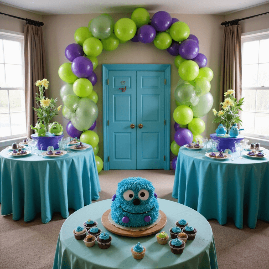 A vibrant Monsters Inc themed birthday party in a cozy living room, featuring a DIY door backdrop, aqua blue tables with balloon centerpieces, a balloon arch, and a dessert table with a tiered Sully cake and Mike Wazowski cupcakes, all illuminated by soft afternoon light.