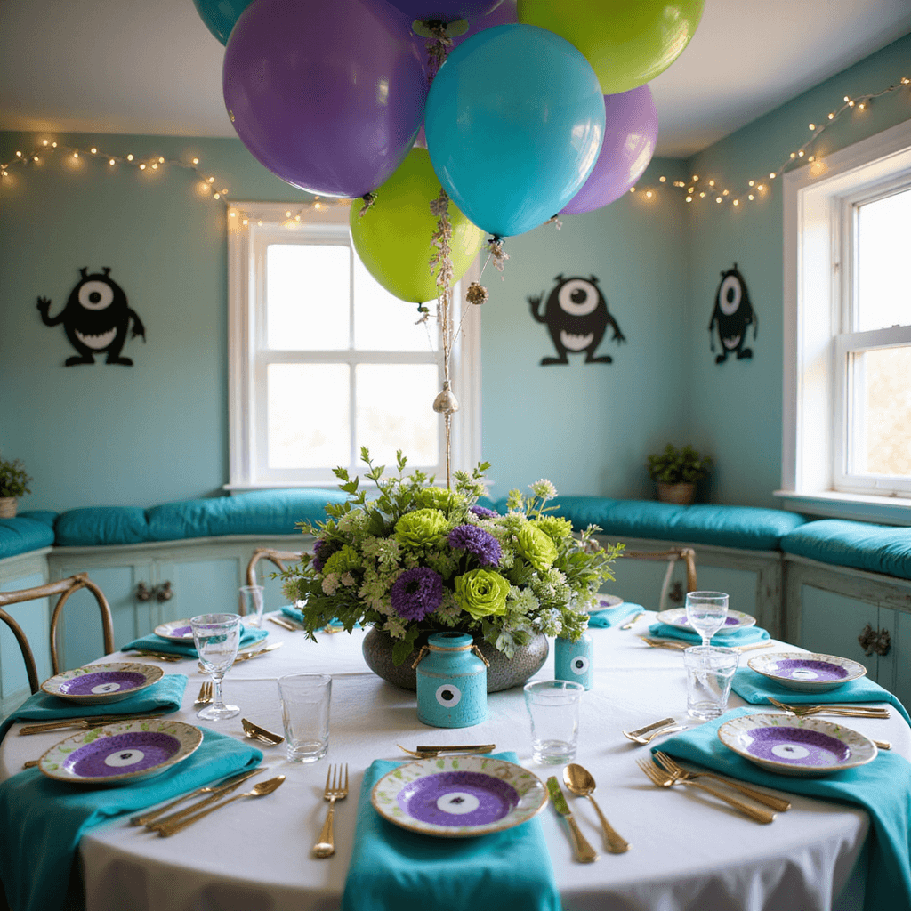 Intimate dining nook for a Monsters Inc celebration, featuring a circular table with a white tablecloth, monster-eye plates, aqua blue napkins, and a floral centerpiece with 'scream canister' props, surrounded by colorful helium balloons and decorated walls with DIY monster silhouettes and fairy lights.