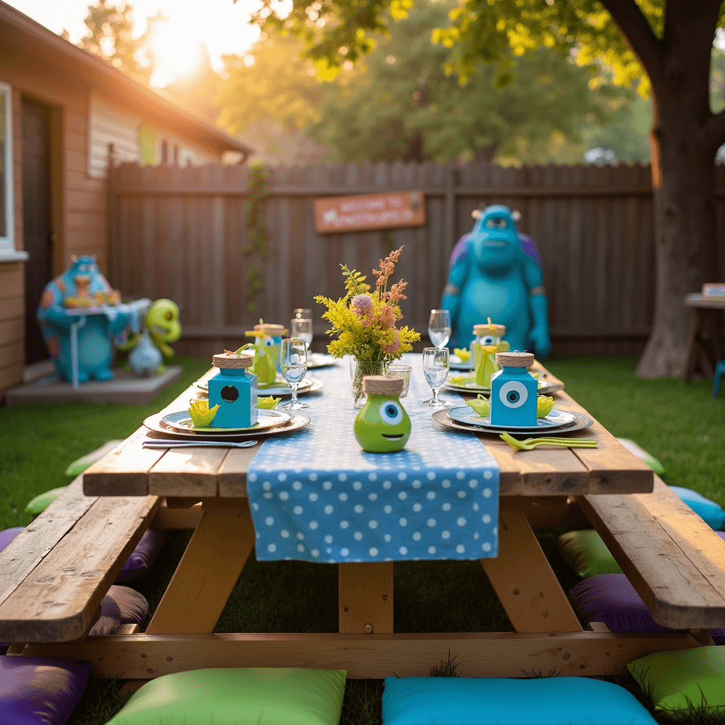 A whimsical backyard party inspired by Monsters Inc, featuring a rustic picnic table with a blue and white polka dot tablecloth, colorful floor cushions, monster-themed tableware, and a whimsical 'Welcome to Monstropolis' sign, all illuminated by warm golden hour light.