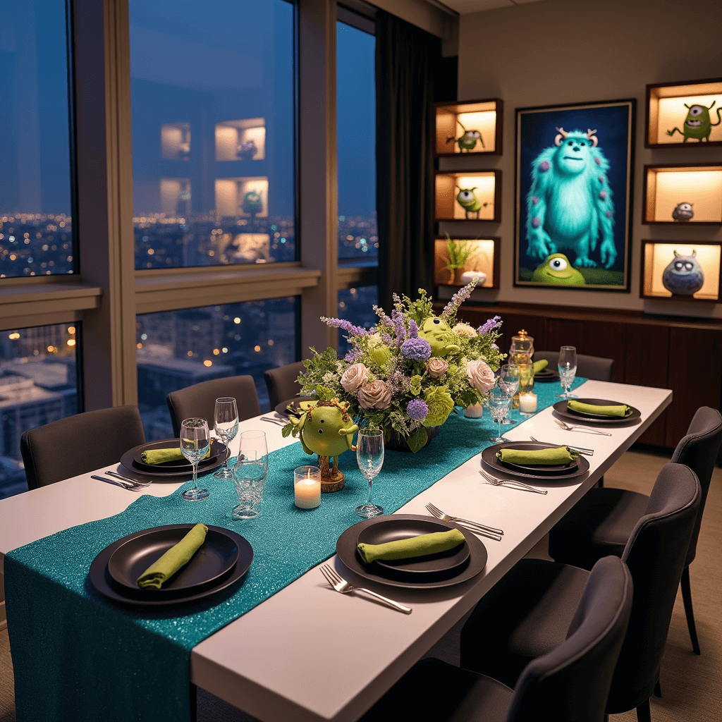 An elegant Monsters Inc inspired celebration in a modern apartment featuring a sleek white dining table with aqua blue accents, matte black place settings, and a floral arrangement in monster colors, all softly lit against a city backdrop through floor-to-ceiling windows.