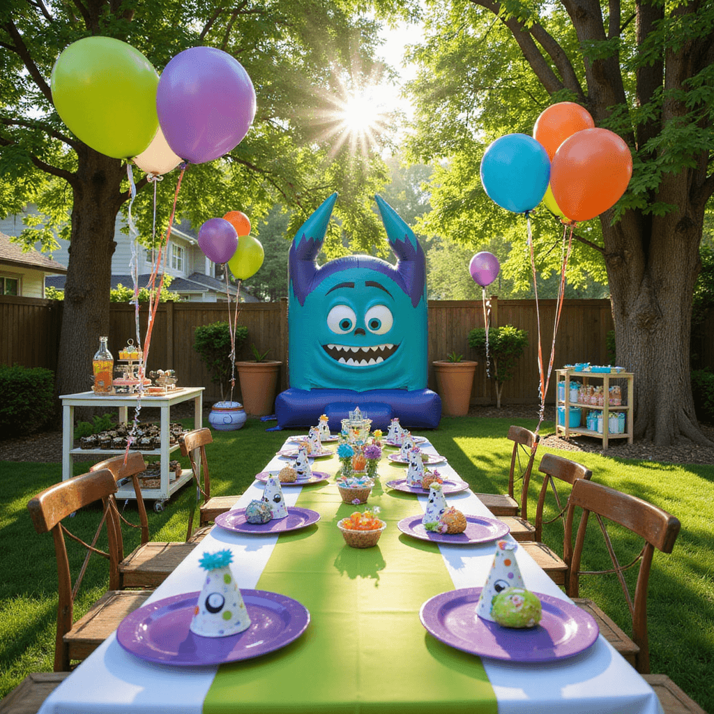A lively Monsters Inc-themed party in a stylish backyard, featuring colorful balloons, a farmhouse table with purple plates and DIY monster hats, a dessert cart with treats, and a bounce house shaped like Monsters Inc headquarters, all under dappled midday sunlight.