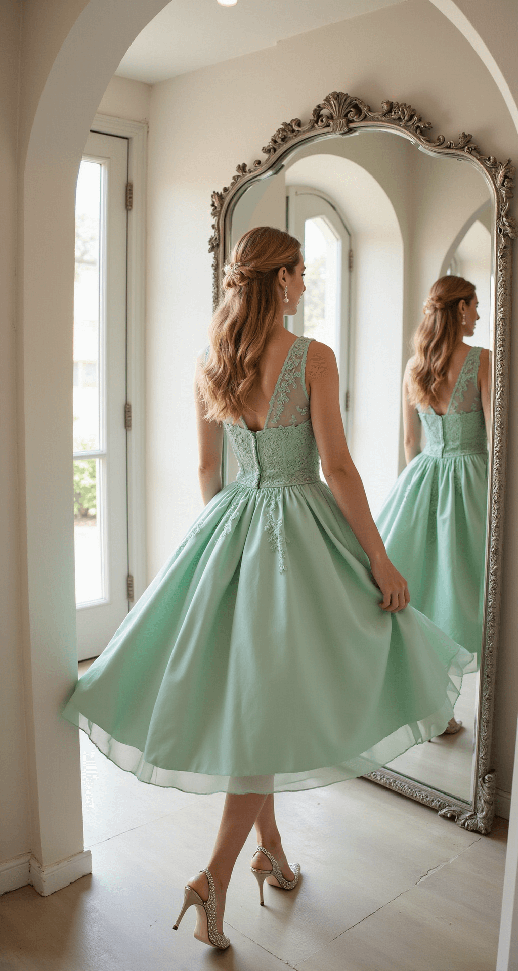 A model twirls in a mint green tea-length dress with lace overlay in a bright boutique, her reflection captured in triple mirrors. She accessorizes with pearl drop earrings, crystal-embellished pumps, and a small structured handbag, all set against elegant archways and a dreamy soft focus.