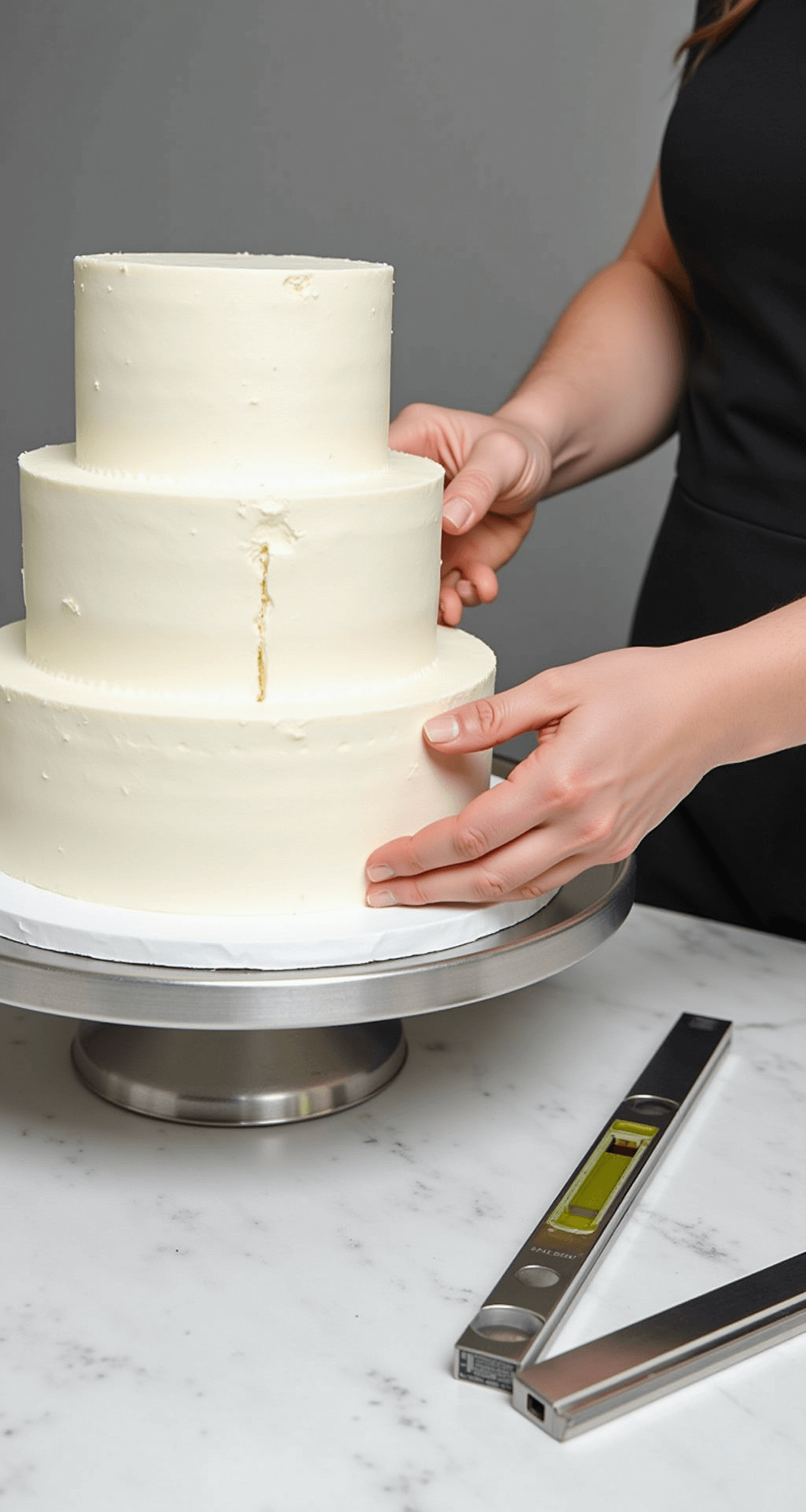 Close-up of a professional baker assembling a three-tier wedding cake, placing support dowels into the bottom tier, with soft lighting highlighting white buttercream layers and premium cake-making tools on a marble countertop.