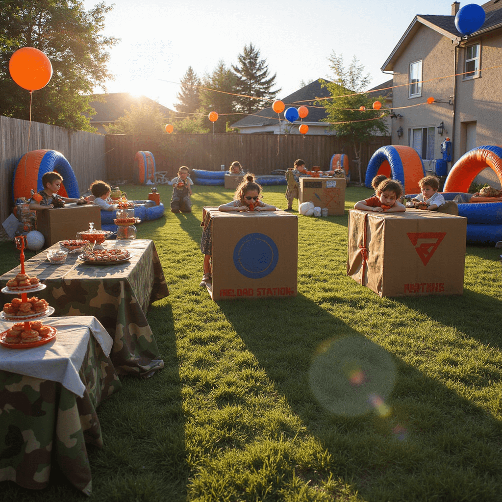 A vibrant backyard setup for a Nerf battle at golden hour, featuring cardboard bunkers, inflatable obstacles, and kids in safety goggles with Nerf guns, surrounded by orange and blue balloons and streamers. A 'Reload Station' displays snacks like bullseye cookies, all under soft evening light.