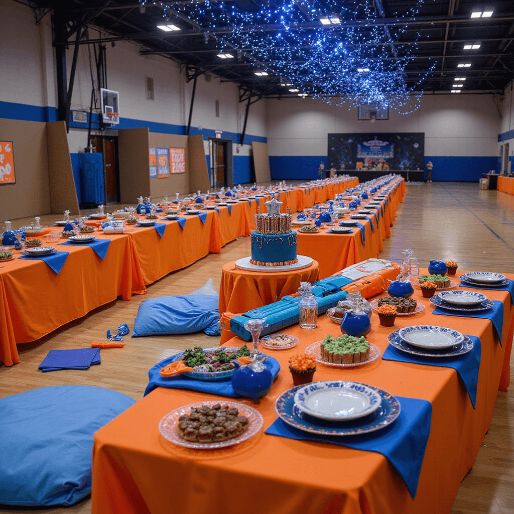 An indoor gymnasium decorated for a Nerf party, featuring long tables with orange and blue linens, a giant Nerf gun-shaped cake, cardboard target walls, a cozy beanbag area, and a ceiling adorned with fairy lights and glow-in-the-dark stars. Close-up details of personalized invitations and safety rule posters are visible.