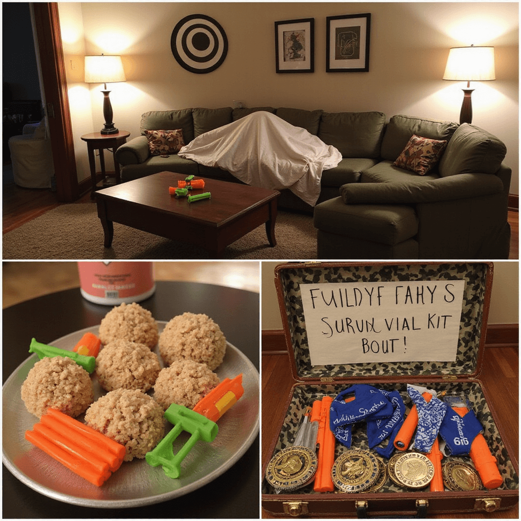 A cozy living room transformed into a Nerf party zone, featuring a fort made of sheets and cushions, soft lamp lighting, and a coffee table scattered with colorful Nerf darts and Rice Krispie treat ammo. An oversized target hangs on the wall with camouflage balloons, and a detail shot of a 'Party Favor Survival Kit' in a vintage suitcase includes mini Nerf guns, camo bandanas, and 'Mission Accomplished' medals.