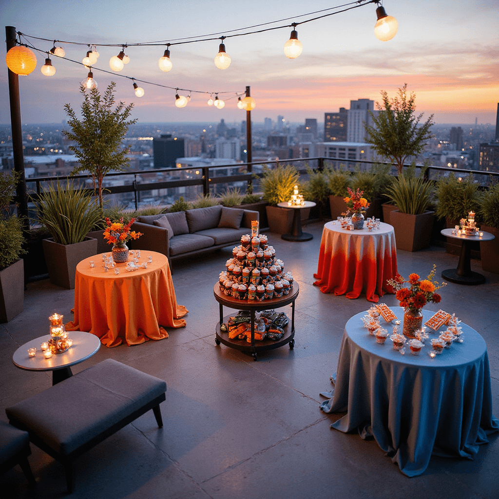 A modern rooftop terrace decorated for a twilight Nerf battle celebration, featuring string lights, round tables with ombre linens and Nerf gun flower centerpieces, a dessert cart with themed treats, and lounge areas for strategizing, all against a cityscape backdrop.