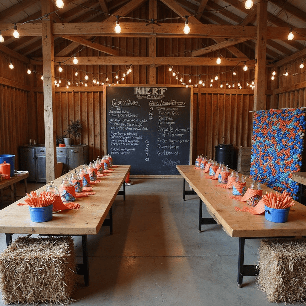 A rustic barn interior set up for a Nerf war party, featuring hay bales as barricades, mason jars filled with Nerf darts on long wooden tables, a chalkboard with game rules, vintage buckets of Nerf guns, and a colorful foam dart backdrop for a DIY photo booth, all illuminated by warm Edison bulb lighting.