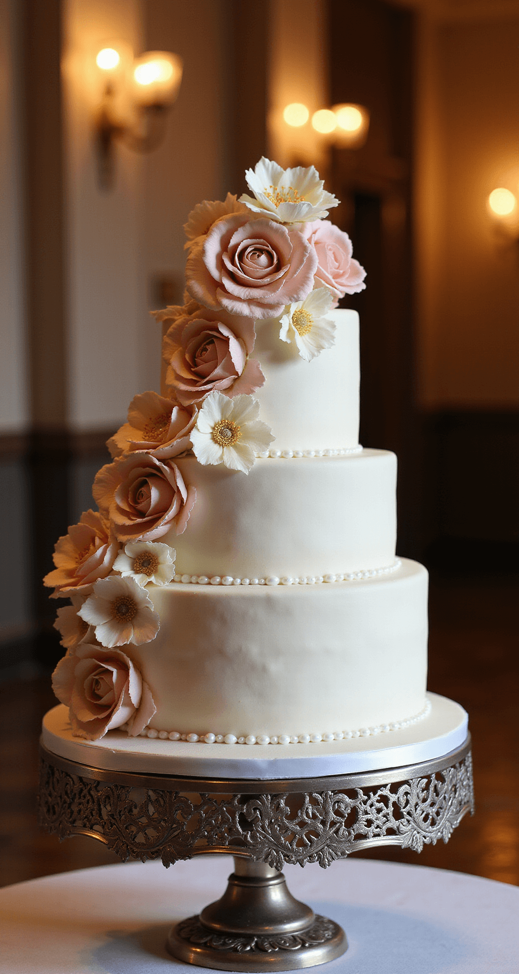 Three-tier wedding cake on ornate silver stand, featuring blush pink and ivory sugar flowers, pearl detailing, and subtle textural patterns, illuminated by warm golden hour light in a soft-focus ballroom setting.