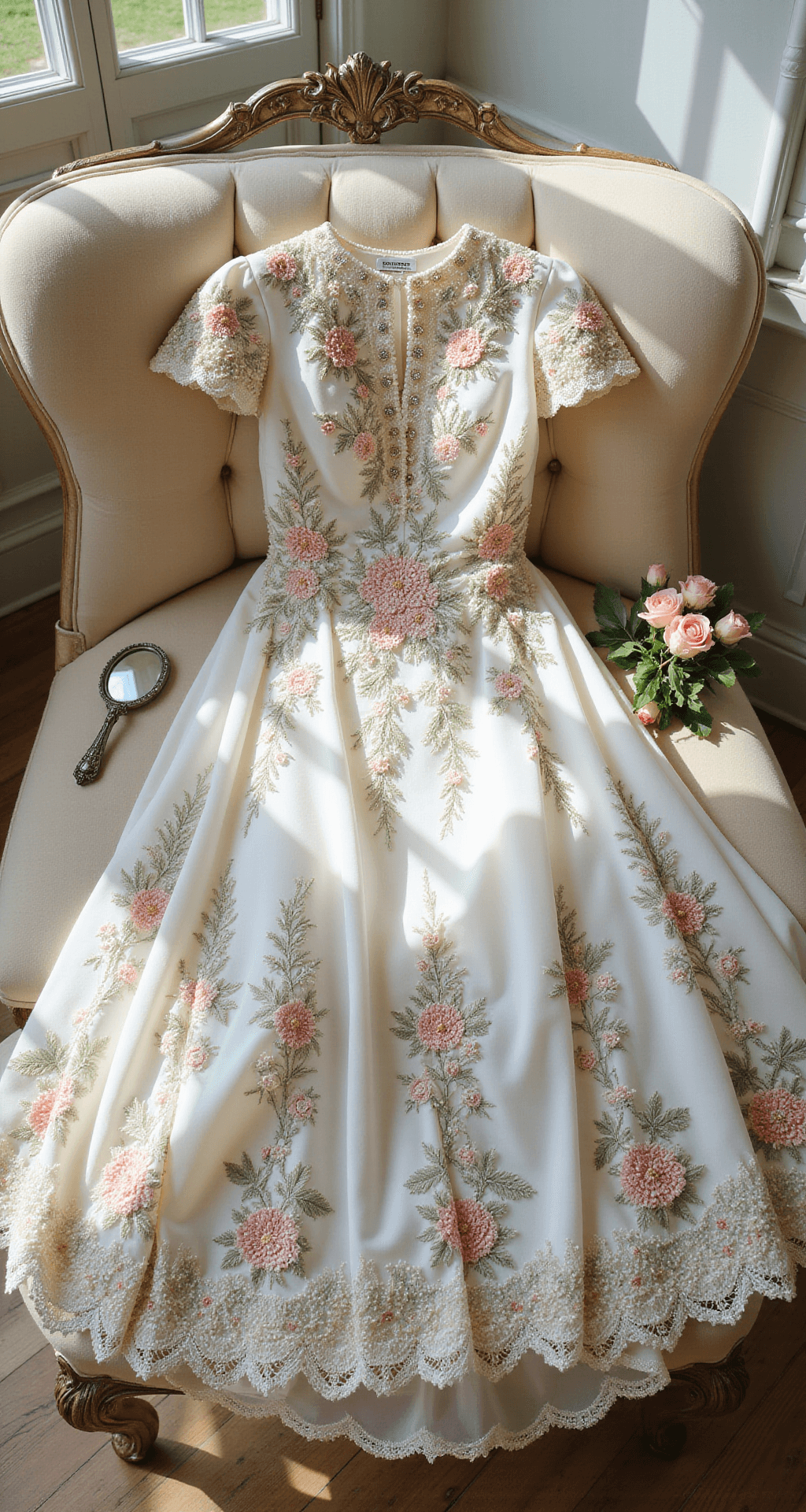 Overhead view of an embroidered floral wedding dress on a cream velvet chaise, featuring pink and ivory flowers with sage green leaves, highlighted by natural light. The gown showcases pearl beading, antique lace trim, and crystal buttons, accompanied by a vintage hand mirror and fresh garden roses.