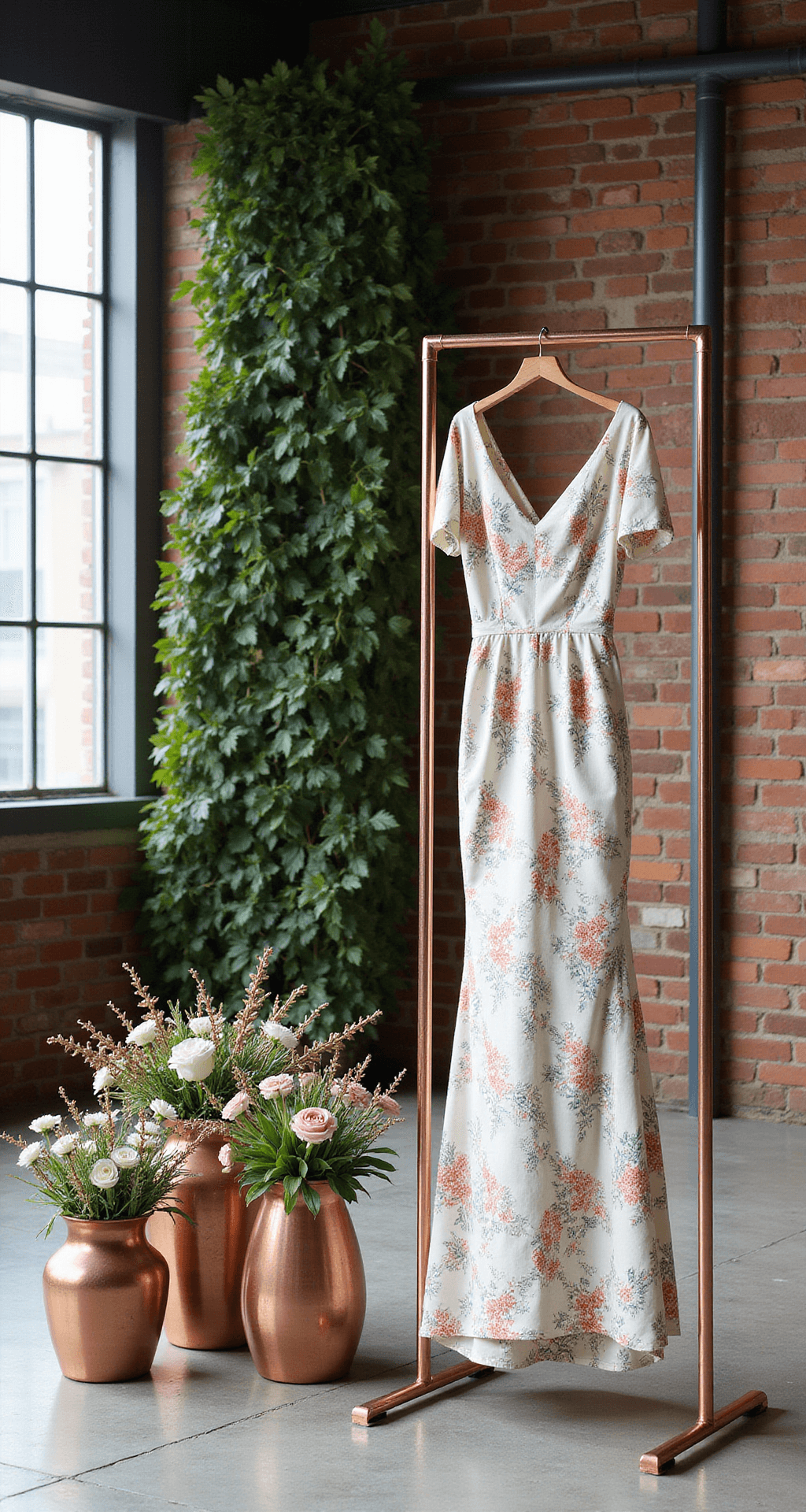Modern industrial loft showcasing a floral wedding gown on a copper rack, surrounded by greenery and contemporary floral arrangements, with geometric shadows from factory windows on concrete floors.