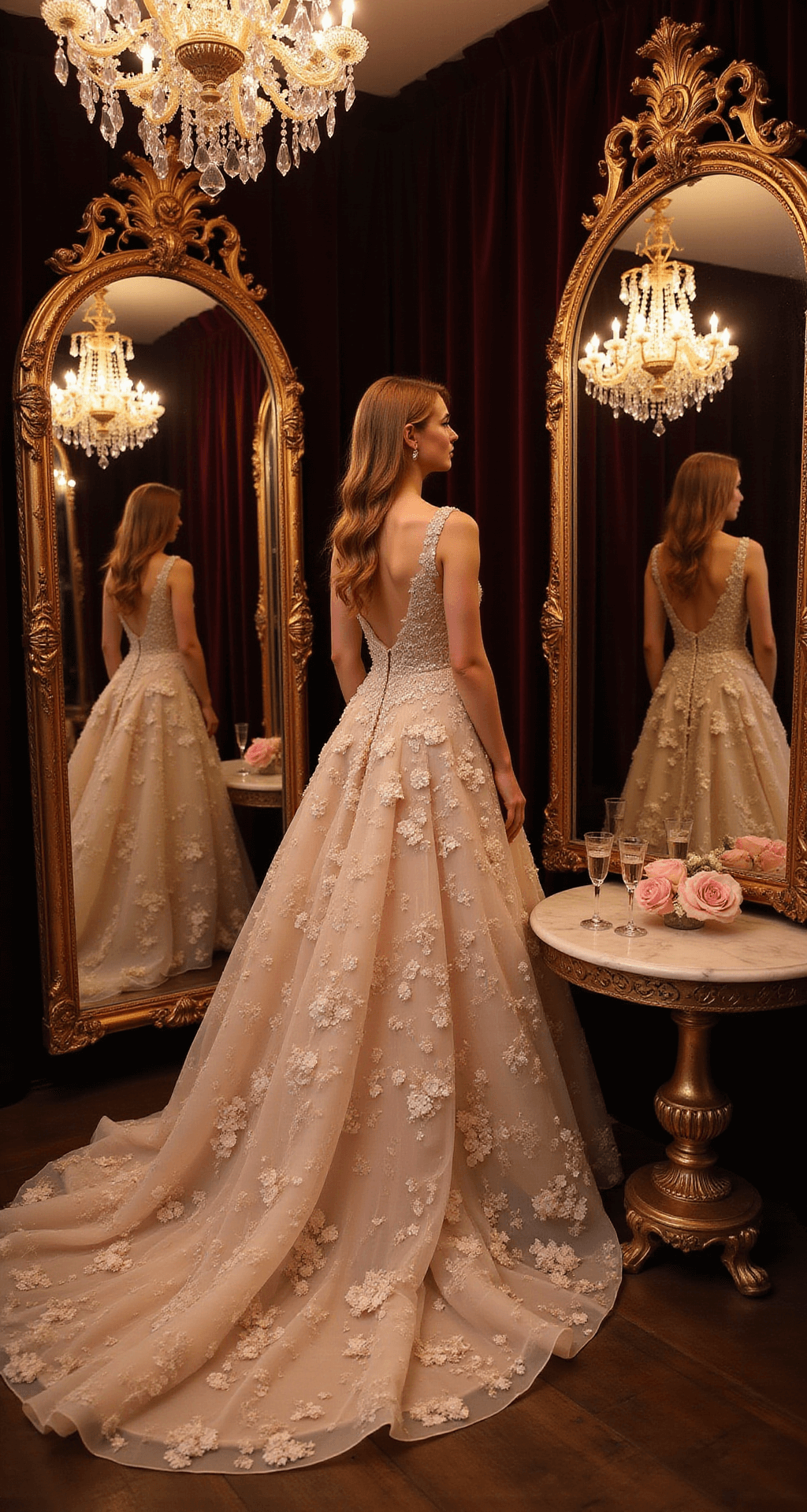 Bride trying on a luxury 3D floral gown in a warm boutique adorned with candlelight, crystal chandeliers, and dark velvet curtains; the scene features gilded mirrors, champagne flutes, and blush roses on a marble side table.
