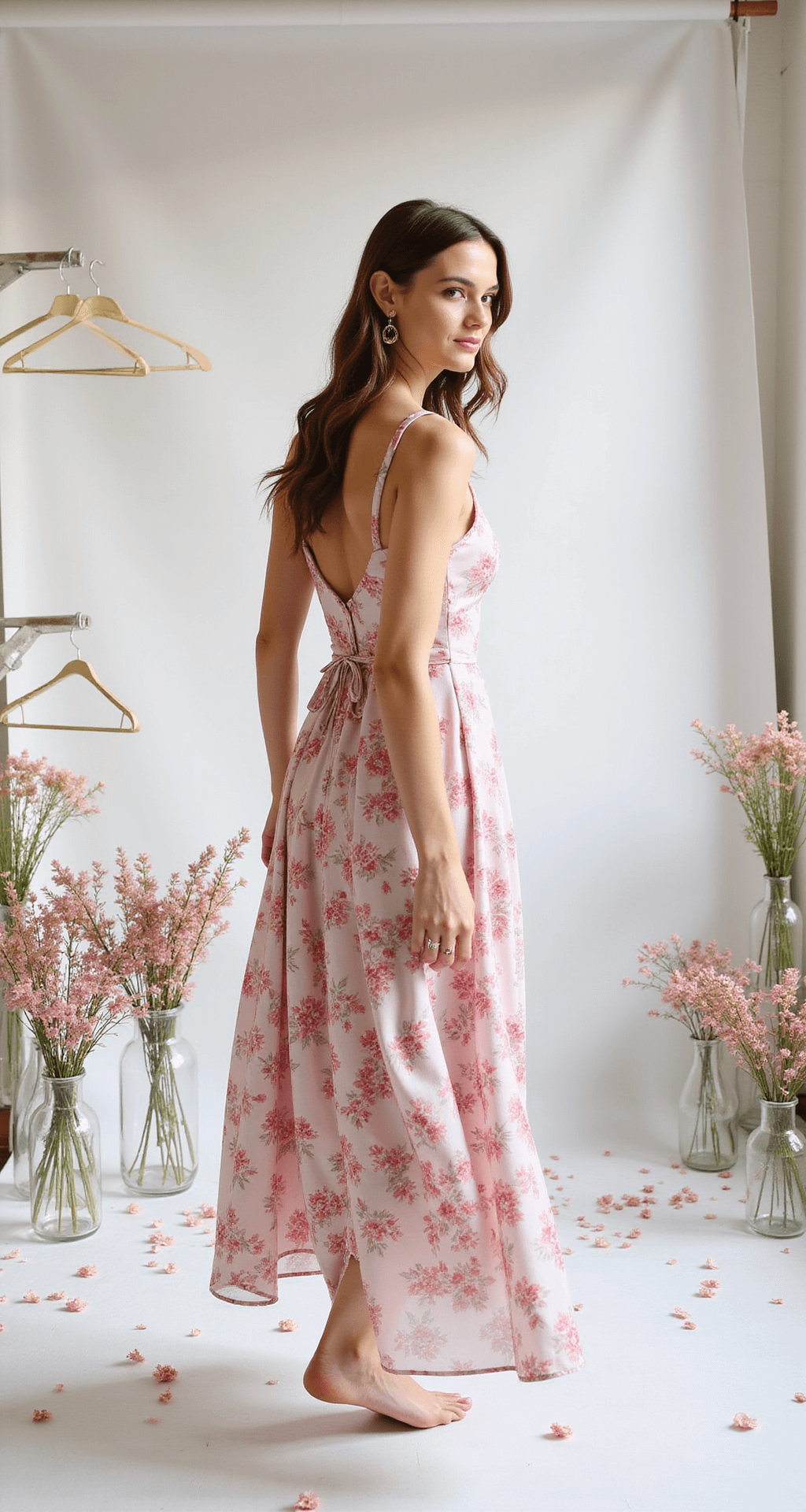 A budget-friendly floral gown in motion against a white backdrop, lit with high-key lighting that highlights its watercolor-style pattern, surrounded by fresh flowers and glass vases reflecting morning light.