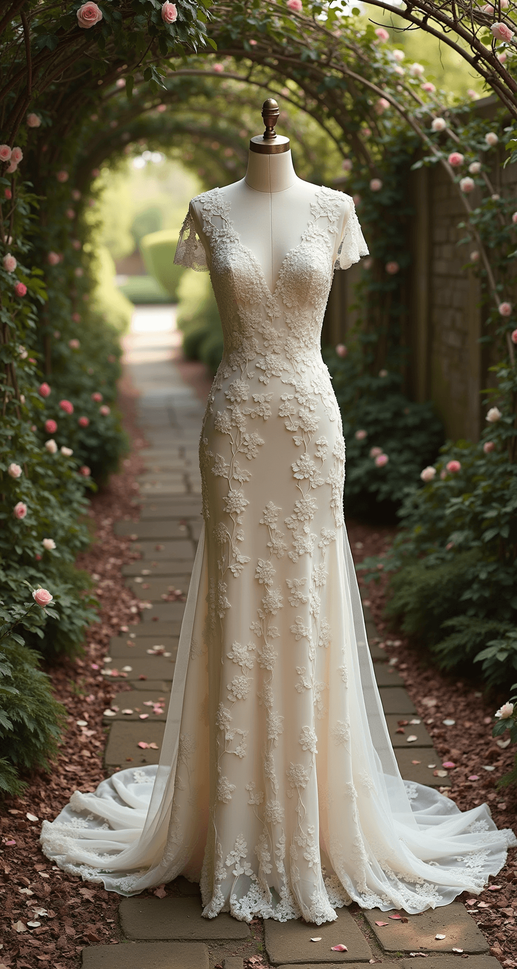 A romantic garden scene with soft afternoon light illuminating a vintage-inspired floral gown on an antique brass dress form, surrounded by climbing vines and scattered petals. Weathered stone pathways and moss-covered walls enhance the setting, complemented by Victorian-style furniture pieces.