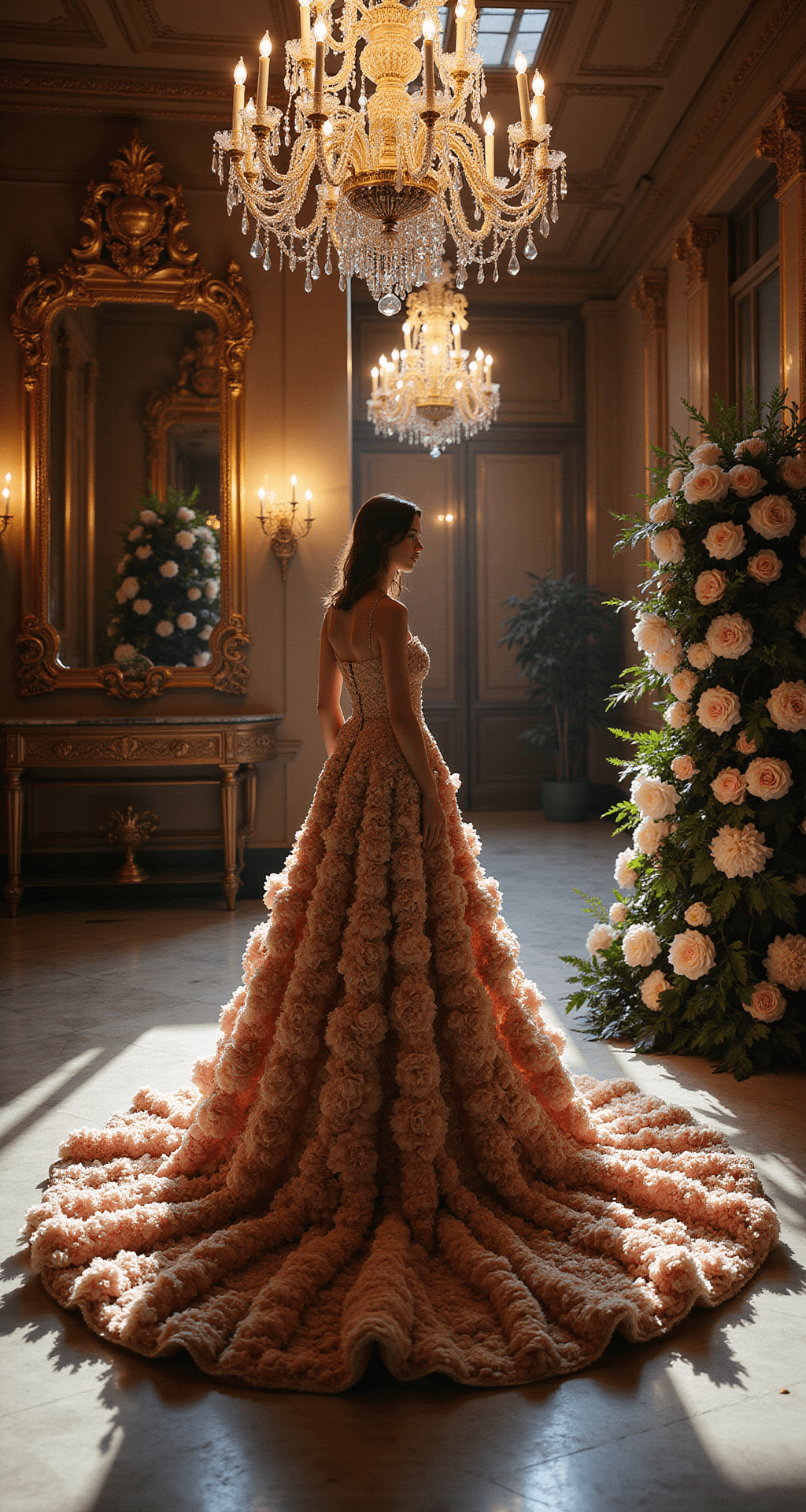A model showcases a Marchesa couture floral gown in a grand ballroom, with dramatic uplighting enhancing the gown's 3D floral details. The scene features soaring ceilings, crystal chandeliers, polished marble floors, ornate gold mirrors, and large floral installations, all enveloped in a moody atmosphere focused on the gown's intricate craftsmanship.