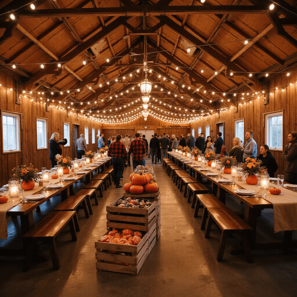 Rustic barn interior decorated for a fall birthday party, featuring string lights, farmhouse tables with burlap runners and mini pumpkins, a DIY pumpkin painting station, and guests in flannel shirts, all in warm autumn colors.