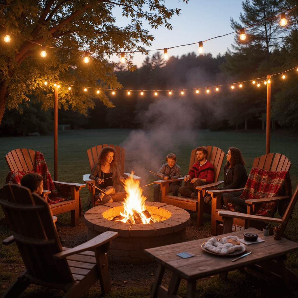 A backyard birthday celebration during golden hour, featuring a crackling fire pit surrounded by plaid-draped Adirondack chairs, string lights overhead, and a gourmet s'mores bar on a rustic wooden table, with guests roasting marshmallows, all bathed in warm amber light and autumn foliage.