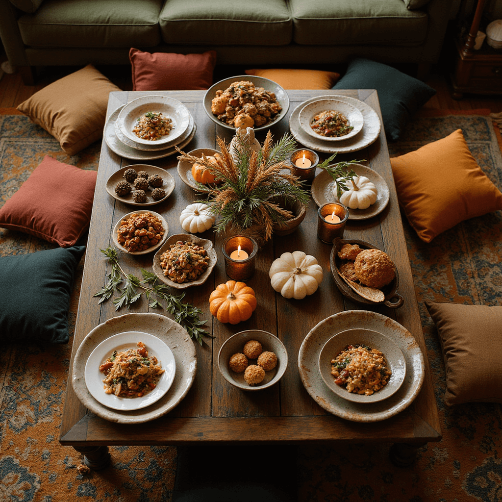 Overhead view of a cozy living room set for a 'Harvest Potluck' birthday dinner, featuring a low coffee table surrounded by floor cushions in jewel tones, an array of seasonal dishes in mismatched ceramic bowls, centerpieces with mini white pumpkins and pinecones in copper vases, and soft candlelight creating an intimate autumnal atmosphere.