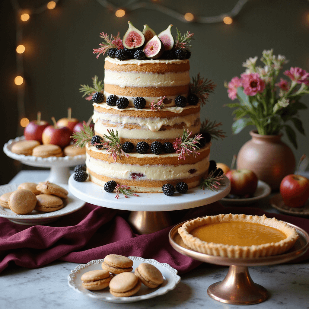 Close-up of an elegantly styled dessert table featuring a tiered naked cake with fresh figs and blackberries, surrounded by mini pies, caramel apples, and pumpkin-spiced macarons, set against a marble countertop with copper accents and deep burgundy linens, illuminated by soft focus fairy lights.