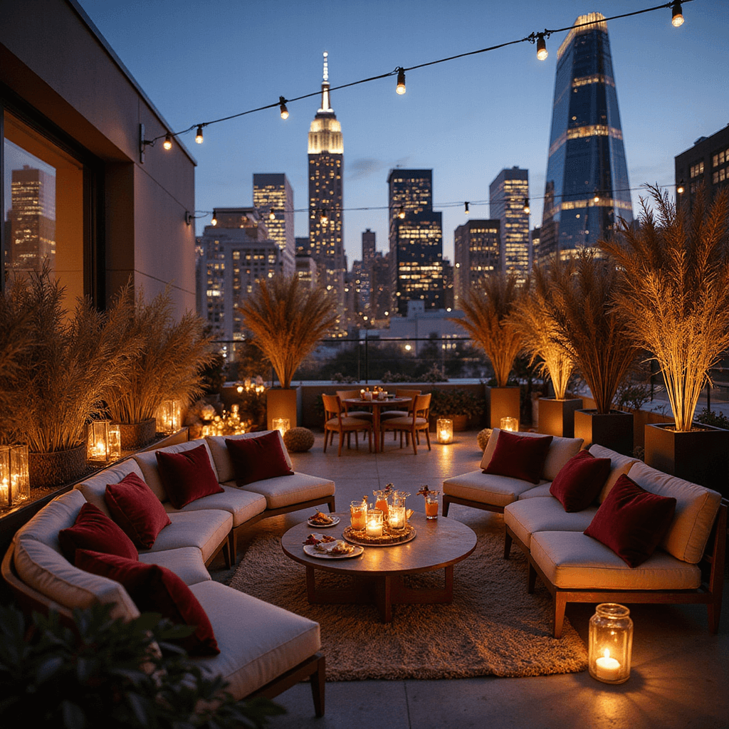 Chic rooftop terrace dressed for a fall birthday cocktail party at twilight, featuring jewel-toned lounge furniture, a sleek bar with autumn cocktails, decorative grasses, oversized lanterns, and a twinkling city skyline.