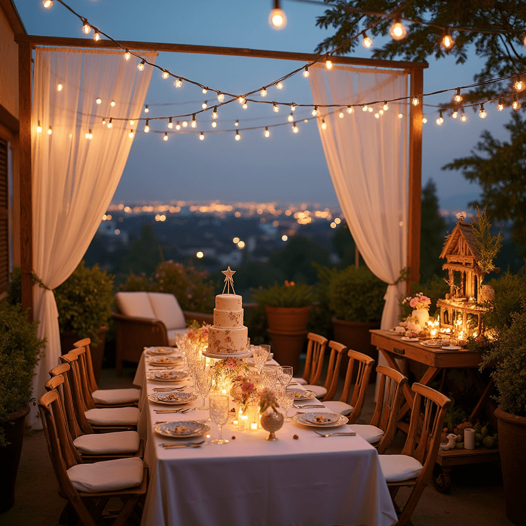 A fairy-themed birthday party on a rooftop terrace at twilight, featuring string lights, a table with floral china and fairy wands, a dessert cart with star-shaped treats and a treehouse cake, soft tulle drapery, potted plants, and city lights in the background.