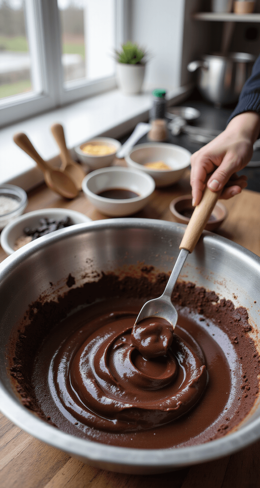 Close-up of hands blending wet and dry ingredients for a chocolate cake in a professional kitchen, with rich chocolate batter in a stainless steel bowl and natural light illuminating the scene.