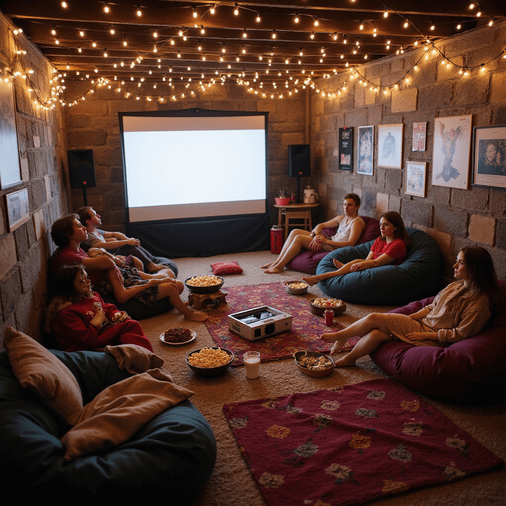 A cozy basement transformed into a cinema for a 14th birthday party, featuring fairy lights, vintage movie posters, and a projector screen. Teens in pajamas and themed costumes lounge on plush bean bags and blankets, surrounded by popcorn and snacks. A concession stand displays candies and sodas, while a chalkboard sign reading 'Now Showing' and a film reel birthday cake add to the festive atmosphere.