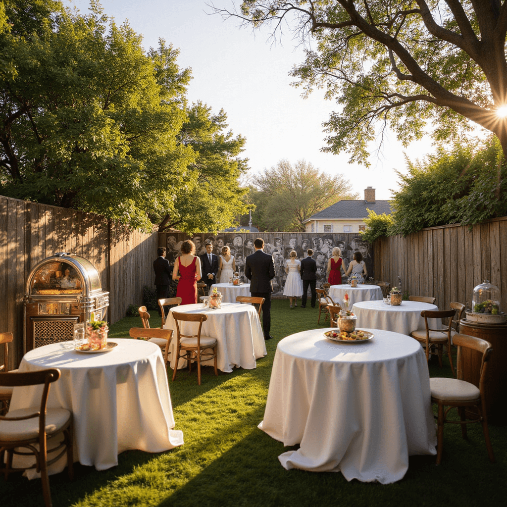A sunlit backyard party features guests in 1940s attire celebrating an 80th birthday, with circular tables draped in white linens, a hand-painted timeline of sepia-toned photos on the fence, a vintage jukebox playing music, and a dessert cart filled with retro sweets, all illuminated by soft golden hour light.