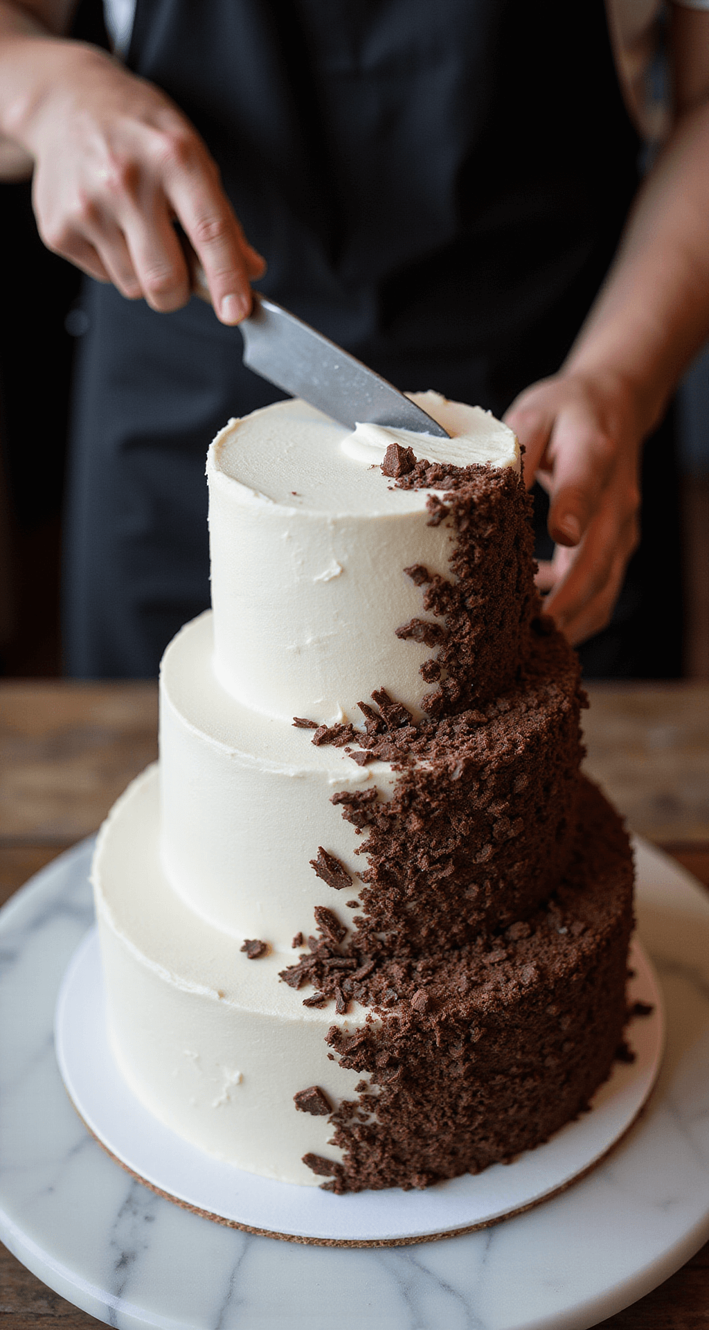 Overhead view of a three-tiered chocolate wedding cake being assembled on a marble countertop, with white buttercream applied smoothly and chocolate shavings cascading down one side, illuminated by warm studio lighting.