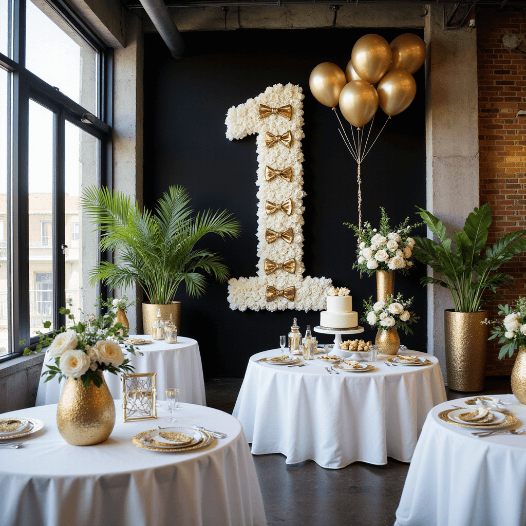 An elegant celebration for 'Mr. Onederful' in a chic urban loft, featuring floor-to-ceiling windows, a black, gold, and white color scheme, an oversized '1' made of white roses and golden bow ties, round tables with floral centerpieces, and a dessert table with a tiered cake and gold-dusted treats, all complemented by artistic balloon installations overhead.