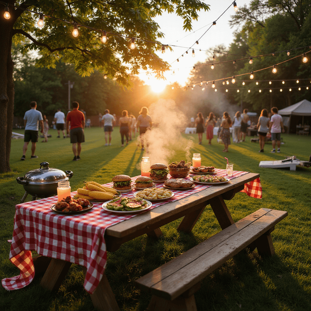 A lively backyard BBQ at golden hour, featuring a rustic table with a checkered tablecloth filled with grilled food, string lights overhead, a silver grill emitting smoke, and guests enjoying drinks and games on the lawn, all bathed in warm, golden light.