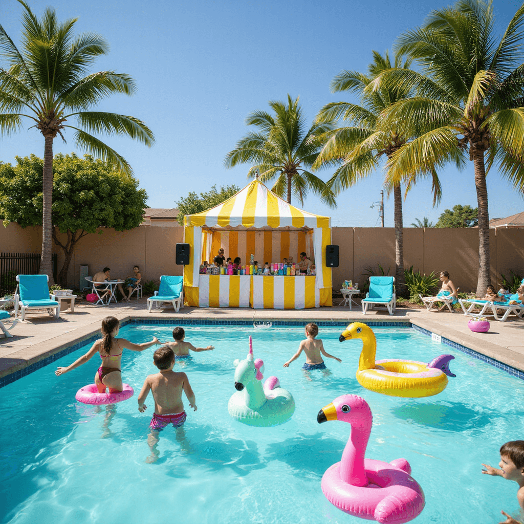 A lively pool party scene with children splashing in a turquoise pool decorated with colorful inflatables, a vibrant cabana offering frozen treats, and teens relaxing on floats, all set under sunny skies and swaying palm trees.