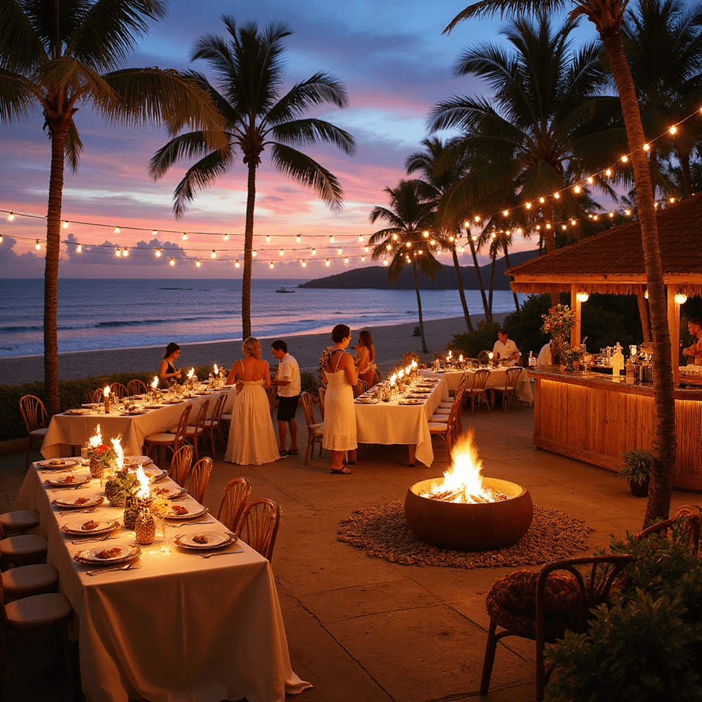 A vibrant tropical luau scene at sunset, featuring tiki torches, long tables with colorful centerpieces, guests with leis, a bamboo bar serving cocktails, a cozy fire pit, and glowing string lights against a backdrop of rich orange and purple skies.