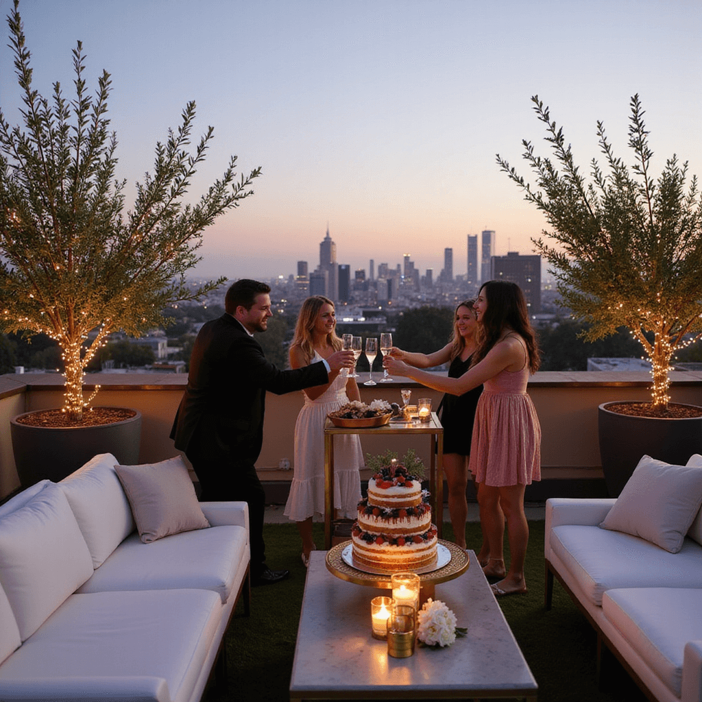 An elegant rooftop birthday soirée at dusk featuring white lounge furniture, gold geometric candle holders, and a dessert cart with a tiered naked cake. Fairy lights illuminate potted olive trees against a backdrop of a twinkling city skyline, as guests in cocktail attire celebrate with champagne flutes.
