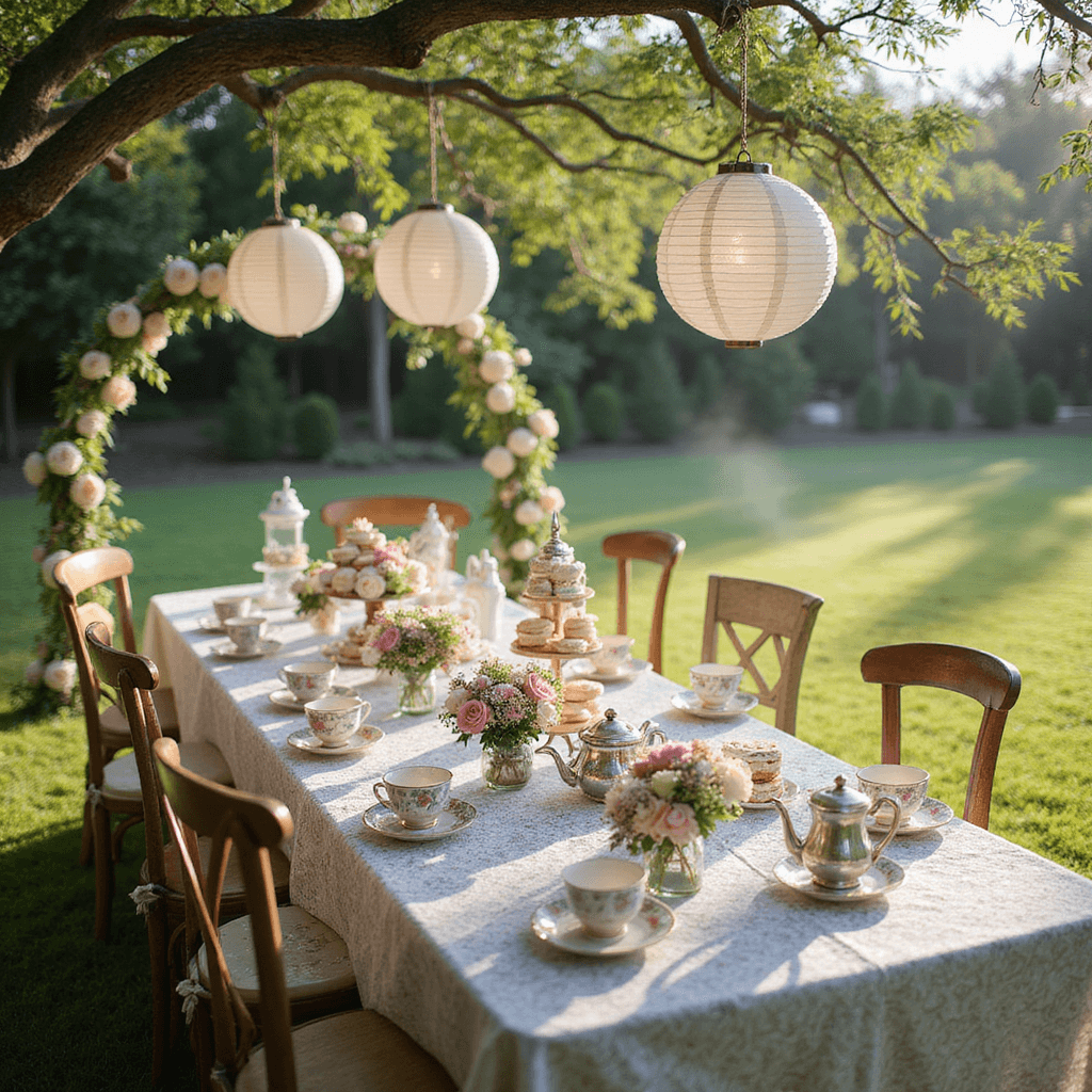 A whimsical garden tea party adorned with mismatched vintage chairs and a long wooden table draped in a lace tablecloth, featuring an array of pastel macarons, cucumber sandwiches, and scones on tiered cake stands. Antique floral-patterned teacups accompany gleaming silver teapots, while wildflowers in mason jars add color. A floral arch and hanging paper lanterns enhance the dreamy, soft-focused scene, with dew-kissed roses and morning mist on the lush green lawn.