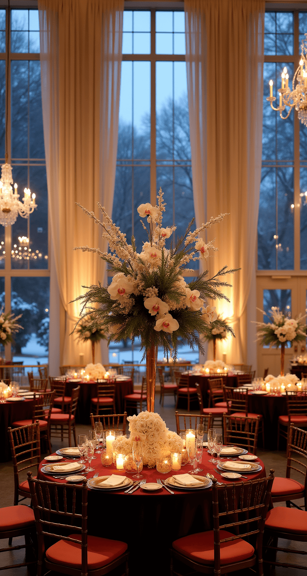 A grand ballroom decorated for a winter wedding, featuring ivory silk-draped windows, snow falling outside, crystal chandeliers, round tables with burgundy velvet linens, tall centerpieces of white orchids and pine branches, a hot chocolate station, and a starry ceiling effect created by fairy lights.