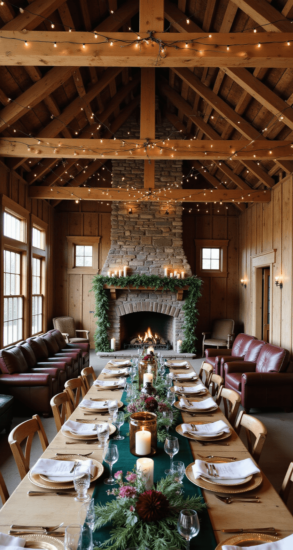 An elevated view of an intimate barn wedding setup featuring exposed wooden beams draped in twinkle lights, long harvest tables adorned with forest green velvet runners and gold chargers, and centerpieces of mercury glass lanterns with pine garlands and burgundy dahlias. A crackling stone fireplace serves as the ceremony backdrop, decorated with winter greenery and pillar candles, while vintage leather armchairs create cozy conversation areas.