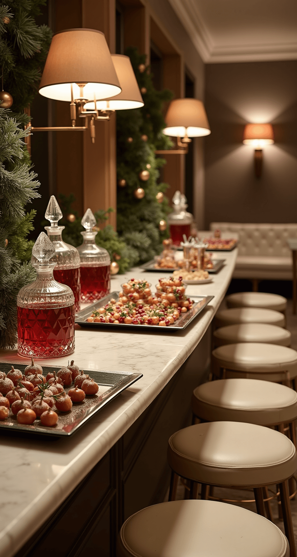 Luxury hotel winter cocktail hour with a marble bar adorned with frosted pine garlands and metallic ornaments, featuring crystal decanters of mulled wine under art deco sconces. Intimate seating with white leather banquettes and rose gold tables. An ice sculpture champagne station with illuminated display and fresh berries alongside appetizers on mirror trays.