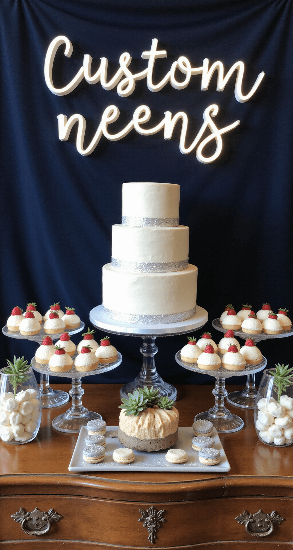 Detail of a winter wedding dessert display featuring a three-tiered white cake with silver leaf on an antique buffet, surrounded by sparkling petit fours on crystal stands, white chocolate-dipped strawberries, macarons, and illuminated geometric terrariums with succulents, set against a navy velvet backdrop.