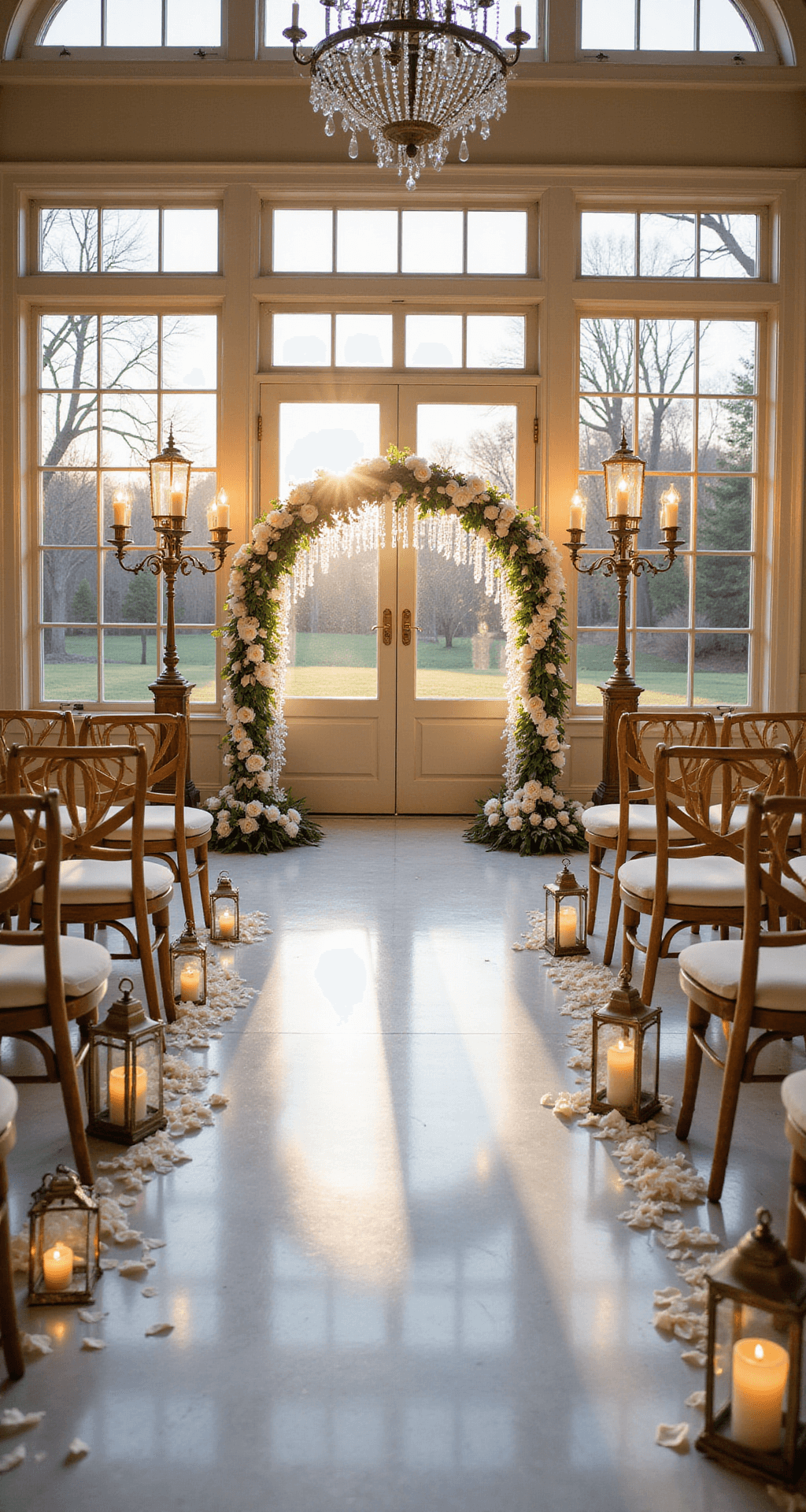 Ceremony setup in a historic mansion's conservatory during golden hour, featuring rows of cross-back chairs with cream cushions, an arch adorned with white roses and crystal strands, and an aisle lined with glass lanterns and rose petals, framed by Victorian windows, with vintage brass candelabras and sparkling crystal chandeliers illuminating the white marble floors.