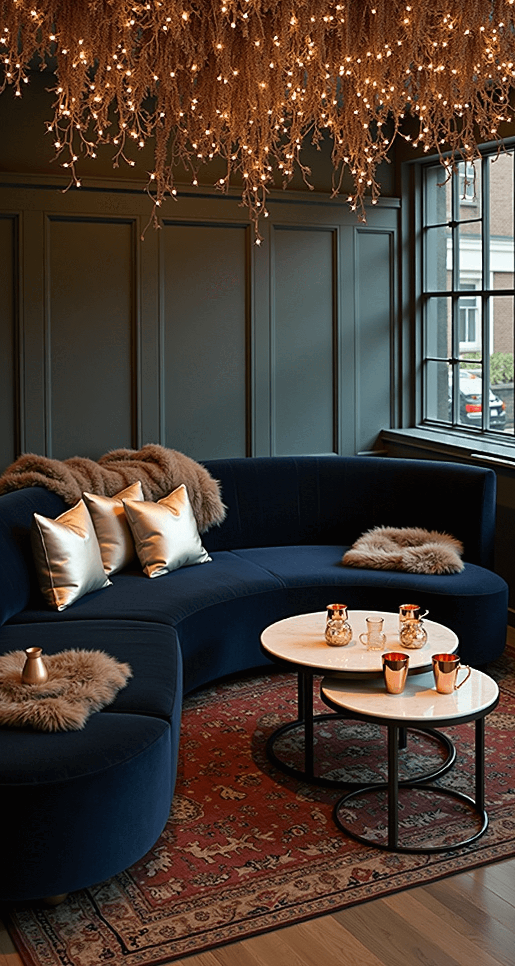 Cozy lounge area with deep navy velvet settees, low marble tables, faux fur throws, metallic pillows, and vintage mercury glass votives. A mobile bar cart displays copper mugs and garnishes, while an installation of dried winter branches with lights creates an enchanted atmosphere over vintage Persian rugs.