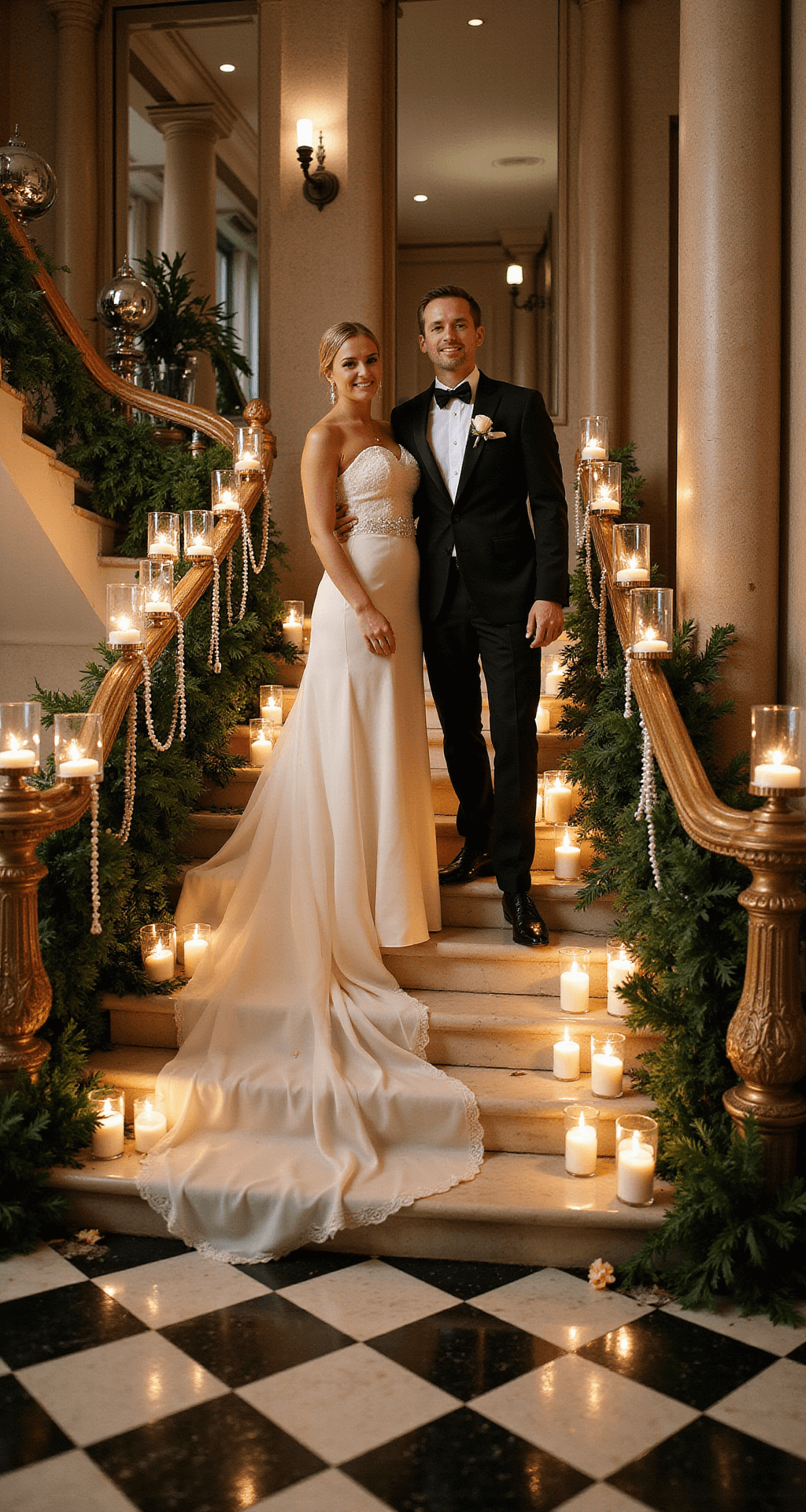 A bride and groom pose on a grand staircase adorned with greenery and pillar candles, under dramatic evening light, with an ornate gold handrail, suspended silver ornaments, and a classic black and white checkered floor.